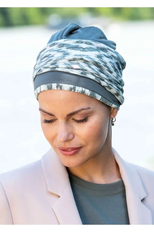 Kopftuch mit Schal Belle Madame Bambus 920-69 Ikat-Print sicht  von der seite.