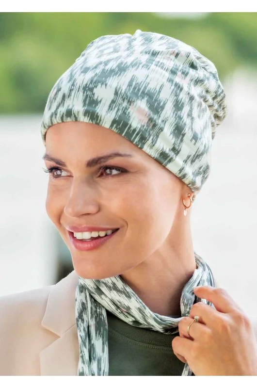 Kopftuch mit Schal Belle Madame Bambus 920-69 Ikat-Print sicht  von der seite.