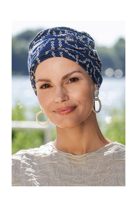 Damen Chemo Turban Belle Madame Alva blau mit goldenen Ketten Bambus.
